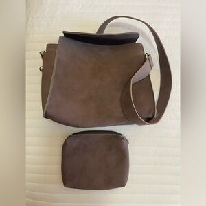 Geir Ness Brown Faux Leather Handbag and Pouch Set